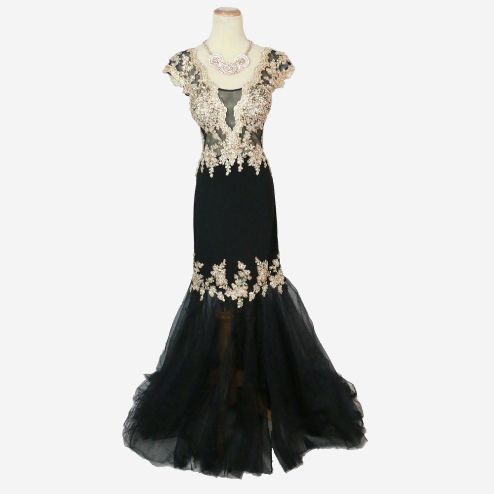 NWT SPLASH PROM J327 Mermaid Slit-Skirt Beaded